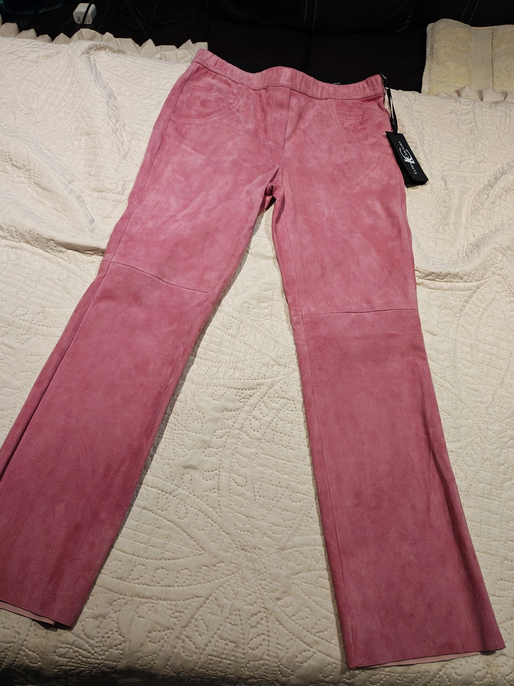 Women's Luisa Cerano Pink Suede Boot-Cut Pants 8. Goat Suede.